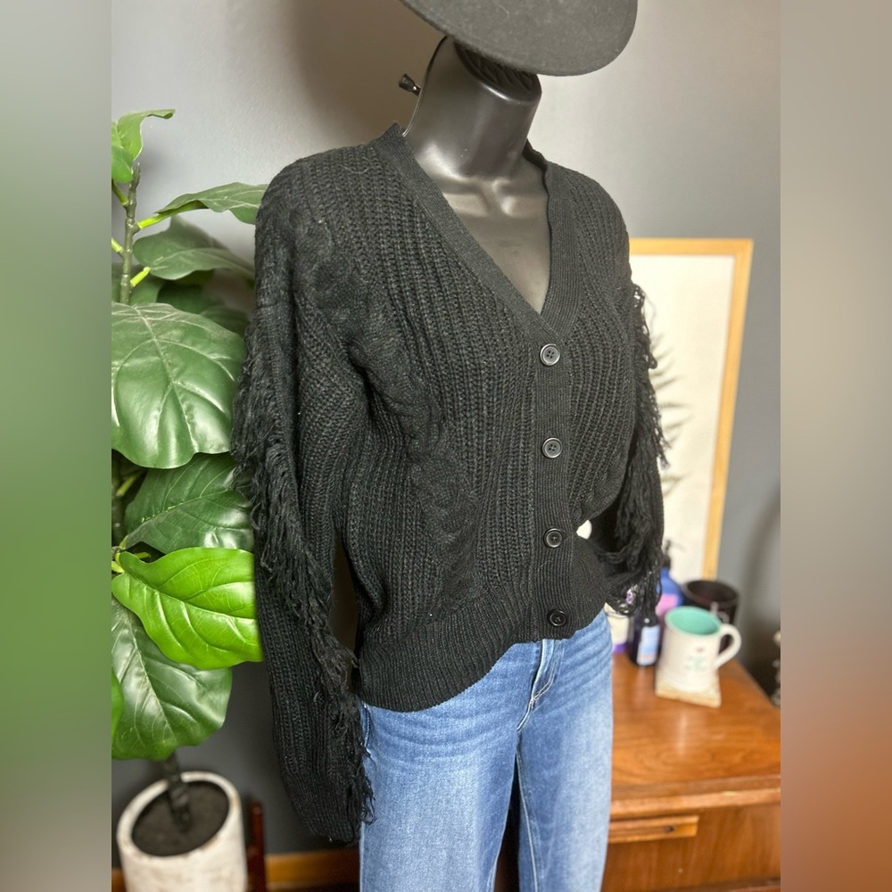 FCT With Love Black Fringed Cable Knit Cardigan - Picture 3 of 5
